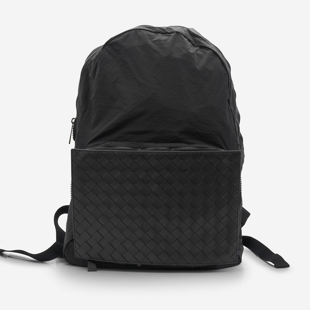 Bottega Veneta Convertible Intrecciato Backpack Black nylon Lambskin leather